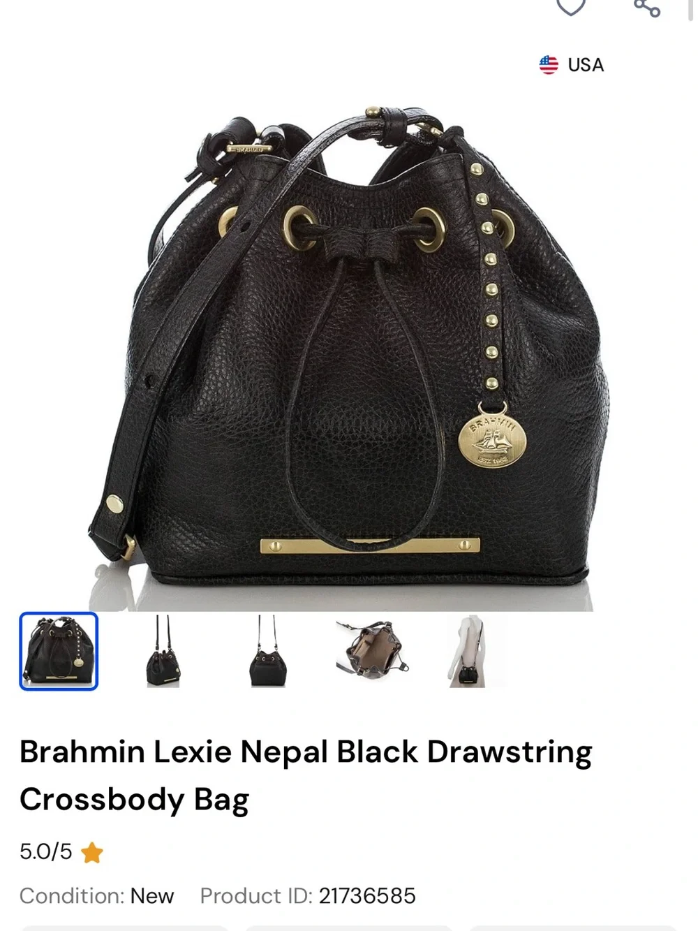 Brahmin Black Pebbled Leather Drawstring Hobo with Gold Hardware
